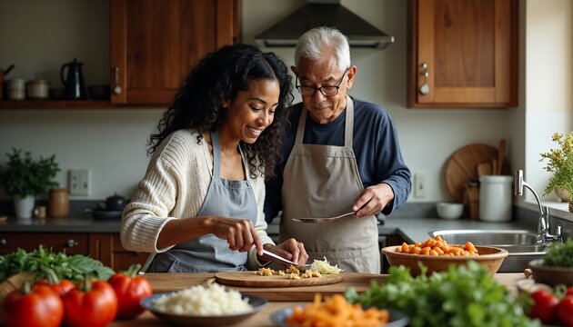 Culinary Kinship: A warm scene of a younger woman and an older man sharing a culinary moment in a well-lit kitchen setting. They are seen together with ingredients to cook the meal.
