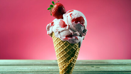 A delicious waffle cone filled with creamy strawberry ice cream against a bright background, perfect for dessert, summer treats, or food photography. 