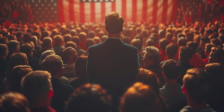 Man Speaking to a Crowd in a Hall