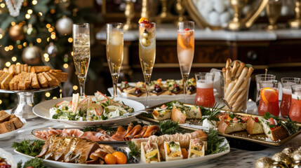 A gourmet Christmas food spread with luxurious appetizers, sparkling drinks, and beautifully plated dishes, set in an upscale dining room