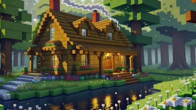 Pixelated cottage in a serene forest, surrounded by trees, flowers, and a river, in a vibrant blocky art style