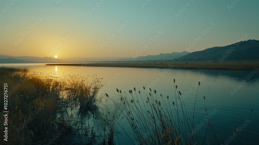 Sticker Tranquil Sunrise Over Calm Waters and Reeds