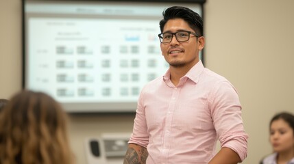 A classroom setting with a teacher presenting financial concepts to students using a whiteboard filled with graphs and strategies for educational investment