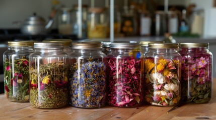 Colorful Jars of Dried Herbs and Flowers on a Wooden Table