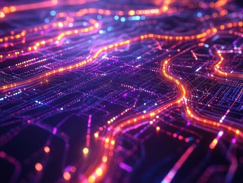 futuristic 3d rendering depicting an abstract technology concept, featuring intricate data processing visuals and a cyberspace background loaded with glowing lines and circuit patterns