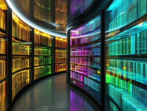 futuristic e-library environment with colorful electronic books displayed on digital screens, emphasizing the accessibility of knowledge through the internet