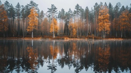 Fototapeta premium Autumn Reflections on Calm Lake Surrounded by Trees