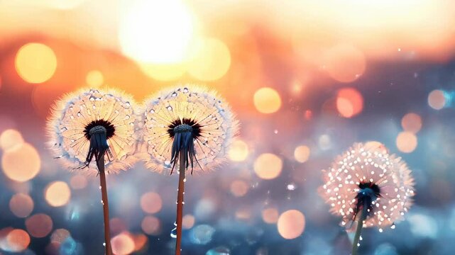 In the soft glow of sunrise, dandelions with shimmering water droplets create a magical atmosphere enhanced by bokeh lights