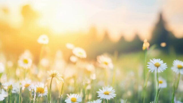 A vibrant meadow is alive with blooming daisy flowers, basking in warm sunlight on a serene afternoon