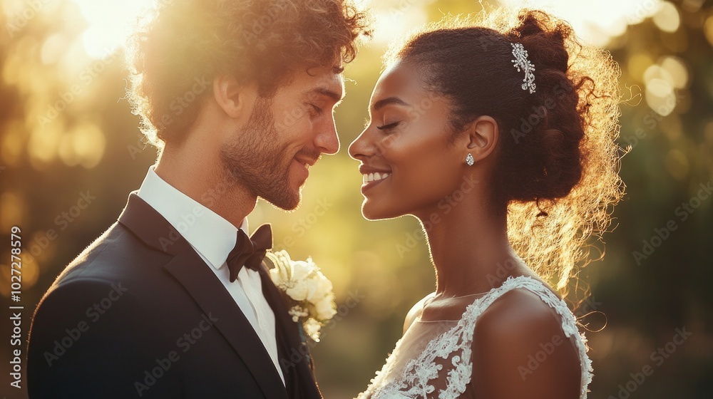 Wall mural A man and woman are smiling at the camera, both wearing wedding attire