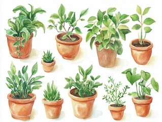 Fototapeta premium hand-painted botanical watercolor collection featuring a verdant variety of indoor plants and succulents in terracotta pots, arranged beautifully for home decor inspiration