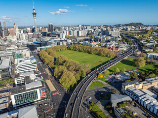 Fototapeta premium Aerial: Victoria park, auckland city, New Zealand