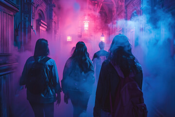 A haunted house attraction with visitors screaming as they walk through fog-filled corridors and jump scares.