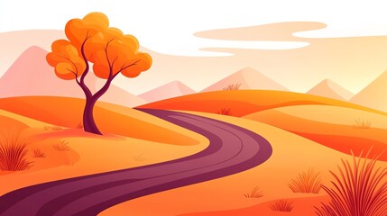 A vibrant autumn landscape features a winding road, a solitary orange tree, and rolling hills under a soft sky, evoking a peaceful, serene atmosphere.