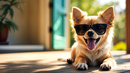A funny image of a surprised dog wearing sunglasses, with space for text on the left, perfect for humorous content