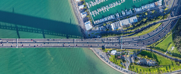 Top down shot of traffic on Auckland harbour bridge, New Zealand