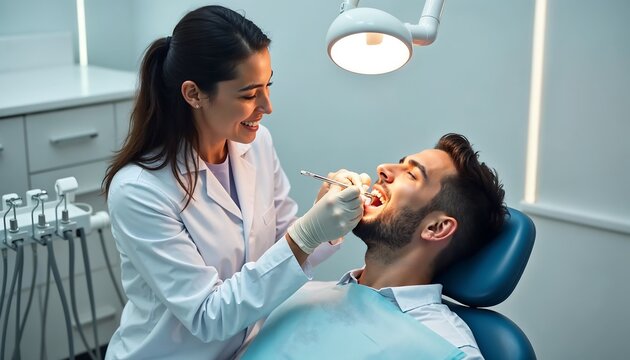 Dental Checkup: A dentist, focused and gentle, provides dental care to a patient seated in a dentist chair. The scene is set within a sterile and well-lit clinic