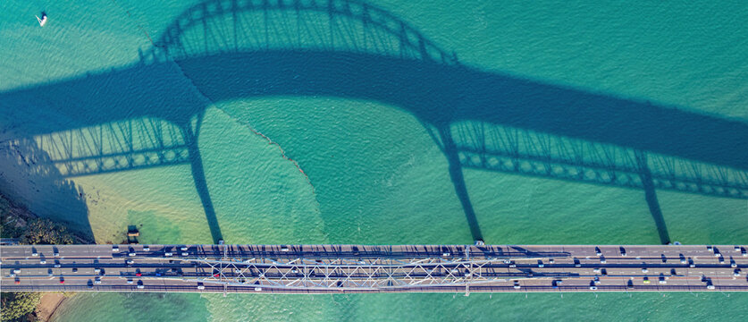 Top down shot of traffic on Auckland harbour bridge, New Zealand