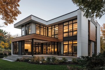 Fototapeta premium Modern house with clean architectural lines, large windows, wood accents, and a monochrome color palette