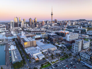Aerial: Wynyard quarter looking back towards Auckland city, New Zealand