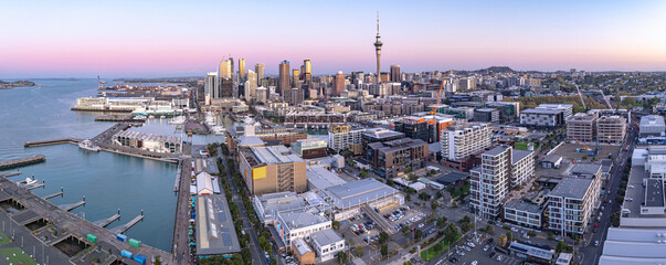 Aerial: Wynyard quarter looking back towards Auckland city, New Zealand