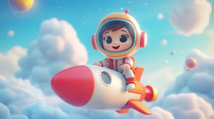 Cute baby astronaut flying in a rocket. 3D cartoon style