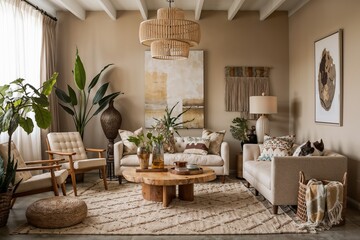 Charming living room with elegant decor and abundant greenery, bright and inviting atmosphere
