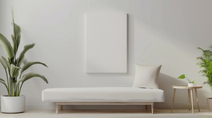 Minimalist living room design. White couch, blank canvas, and potted plants in a modern living room, offering a clean, minimalist aesthetic.