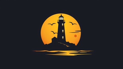 A lighthouse silhouette in front of a yellow sun on a dark blue background.