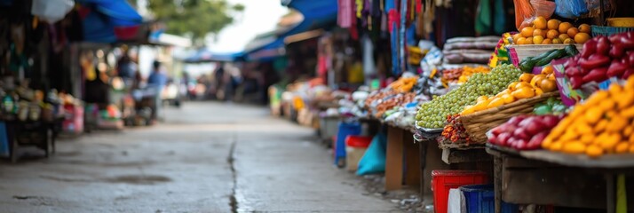 Naklejka premium A lively outdoor market with various colorful fruits and vegetables displayed on multiple stalls, showcasing the hustle and bustle of local trade and commerce.