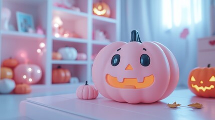 Obraz premium Halloween background, cartoon minimalist environment, tiny cute 3D style