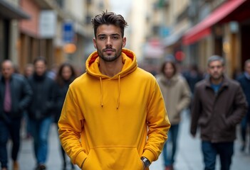 Obraz premium Urban Portrait: A stylish individual stands confidently amidst a bustling urban setting, drawing focus with an air of cool confidence. Capturing street style, cultural diversity.