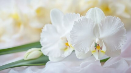 Fototapeta premium Delicate White Orchid Flower with Yellow Center and Soft Focus Background