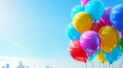 Obraz premium Colorful balloons sky. Vibrant, colorful balloons floating against a clear blue sky, symbolizing joy, celebration, and aspirations.