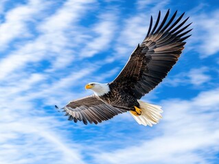 Obraz premium majestic american bald eagle soaring against a backdrop of the american flag, symbolizing freedom and patriotism, vibrant colors capturing the essence of the nation
