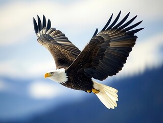 Obraz premium majestic american bald eagle soaring against a backdrop of the american flag, symbolizing freedom and patriotism, vibrant colors capturing the essence of the nation