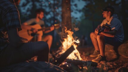 Fototapeta premium Campfire guitarists. Three friends gather around a campfire, sharing music and laughter. The warm glow of the fire creates a cozy and intimate atmosphere.