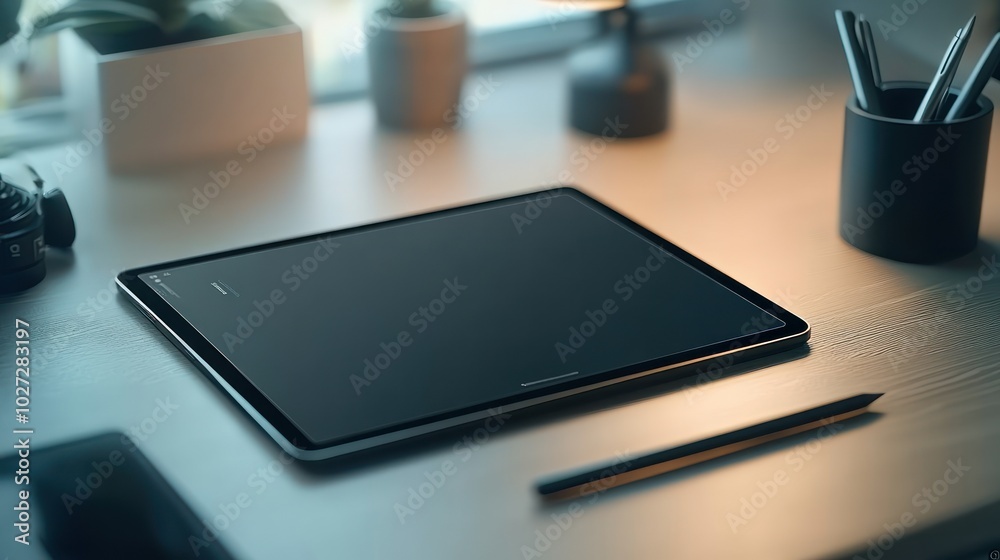 Poster a modern workspace featuring a tablet and stylus