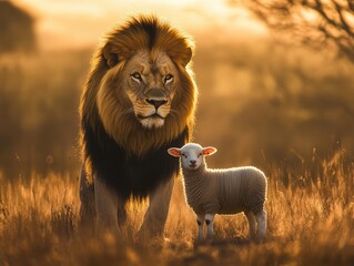 majestic lion stands proudly beside a gentle lamb, symbolizing peace and strength in a harmonious landscape, with soft sunlight illuminating their fur, creating a serene atmosphere