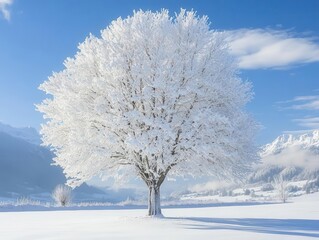 majestic snowy tree standing alone in a serene meadow, cloaked in a blanket of snow, radiating tranquility and the beauty of winter landscapes