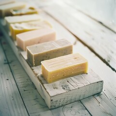 Handmade soaps in assorted colors sit neatly on a wooden board, exuding artisanal charm and fragrance.