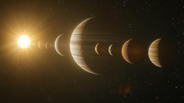 The massive planet Jupiter is prominently featured in the foreground while five other planets align in a vast cosmic view, illuminated by the sun in the upper corner of space.