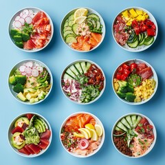 Nine vibrant poké bowls arranged on a blue background showcase fresh, colorful ingredients like salmon, cucumbers, and radish, celebrating culinary artistry.