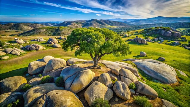 A breathtaking aerial perspective showcases a solitary tree amidst scattered boulders in the serene Ramona Grasslands Preserve, located in beautiful San Diego's natural landscape.
