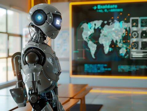 AI Powered Robot Teacher Interacts with Students Through Holographic Displays Symbolizing the Evolution of Education