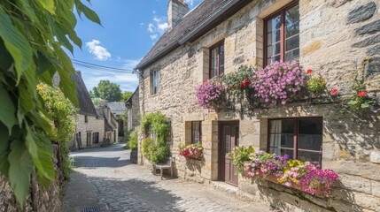Fototapeta premium A charming stone house in a quaint European village, with colorful flower boxes adorning the windows and cobblestone streets winding through the town.