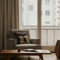 Minimalist living room with a cozy armchair and a natural wood coffee table.