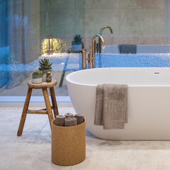 Bathtub in modern luxury bathroom interior. 3D rendering. Closeup.