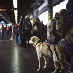 A patient guide dog stands poised amid bustling travelers in a busy transit station, showcasing loyalty and determination.