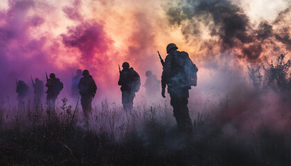 Fototapeta premium Capture people emerging from clouds of colored smoke or fog in a battlefield-like setting, using colored smoke bombs to create dramatic